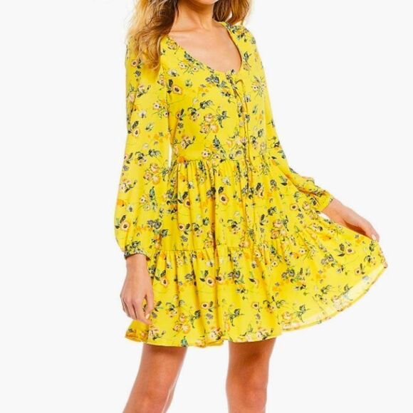 Chelsea & Violet Floral long sleeve Babydoll Dress yellow medium - Picture 1 of 9